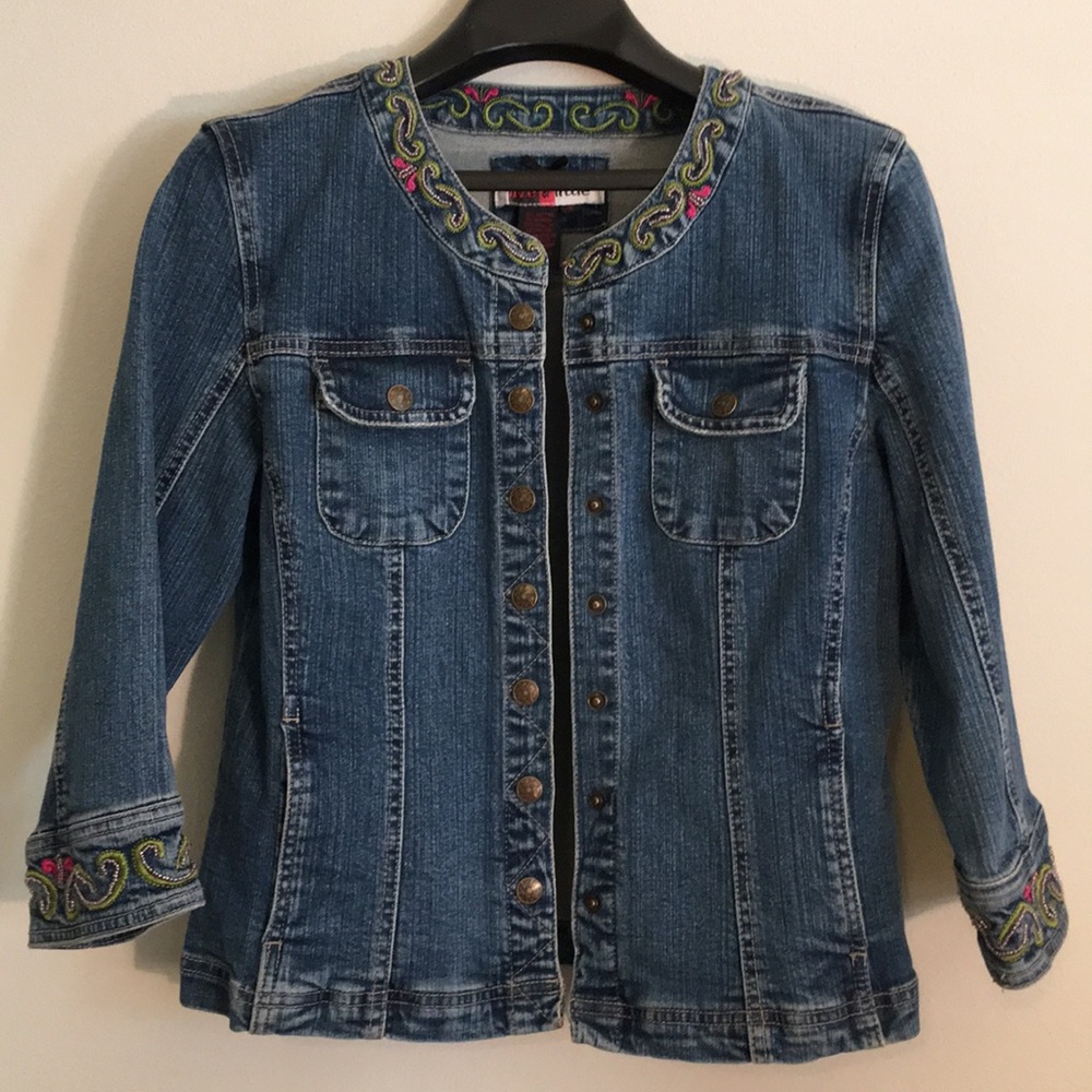 Live a little. Denim jacket w/print. embroidered